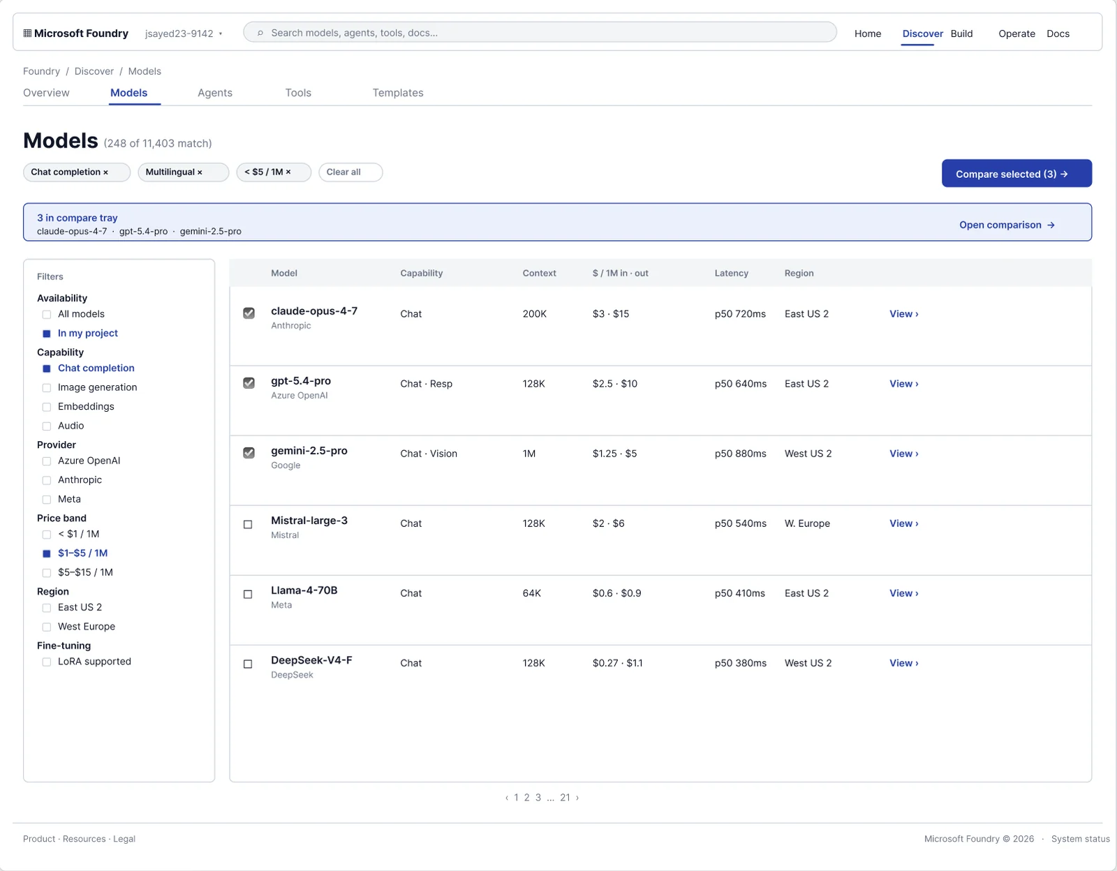 Foundry Models page: filter rail on the left, results table with region, pricing, and latency, and a compare tray holding three selected models