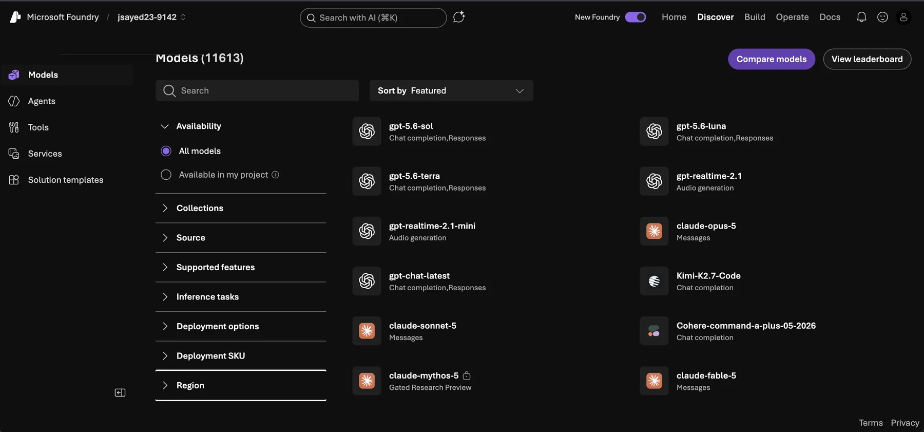 The live Models page: Region promoted into the filter rail as a first-class filter, in a cleaner, more scannable layout, with Compare models a click away