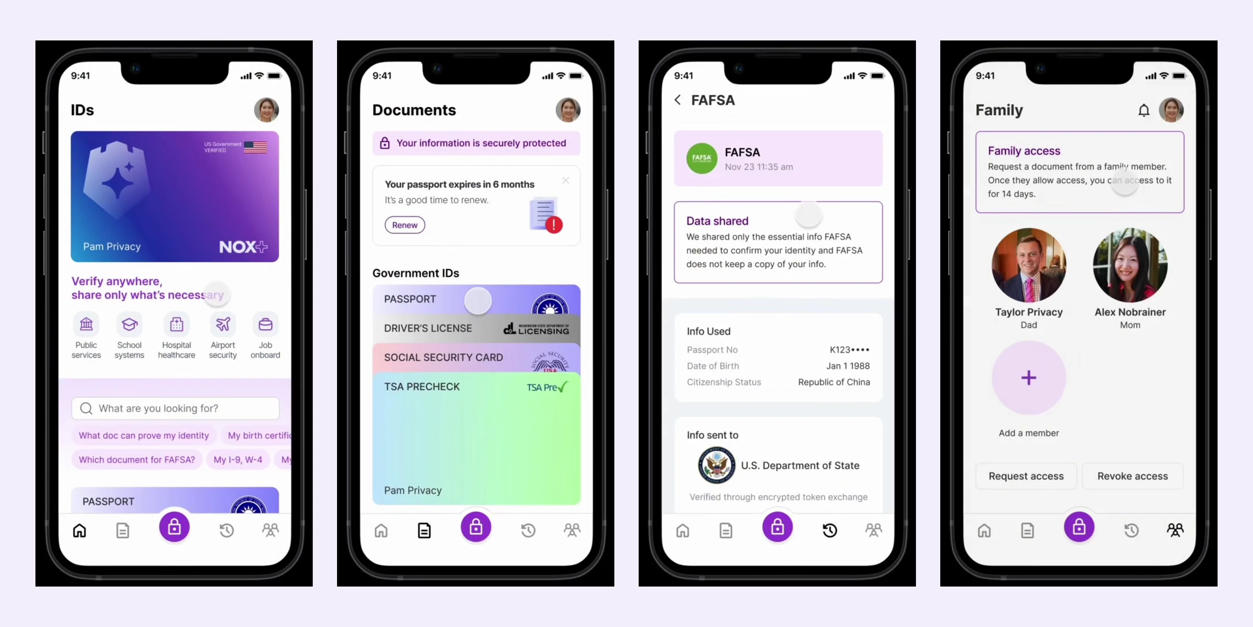 Final Nox+ screens: IDs home, document vault, FAFSA data-shared, and family access