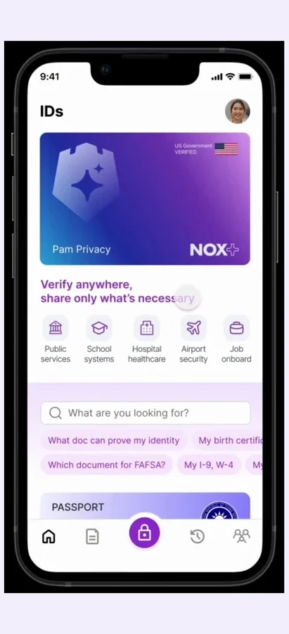 Nox+ identity home: the Nox+ card for Pam Privacy, with public services, school, healthcare, airport and onboarding shortcuts