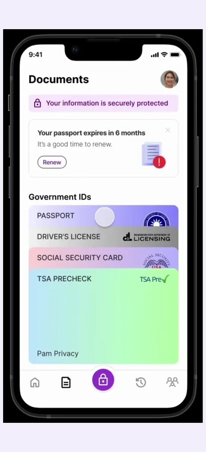 Nox+ document vault: passport, driver&rsquo;s license, social security card and TSA PreCheck, with a passport expiry notice