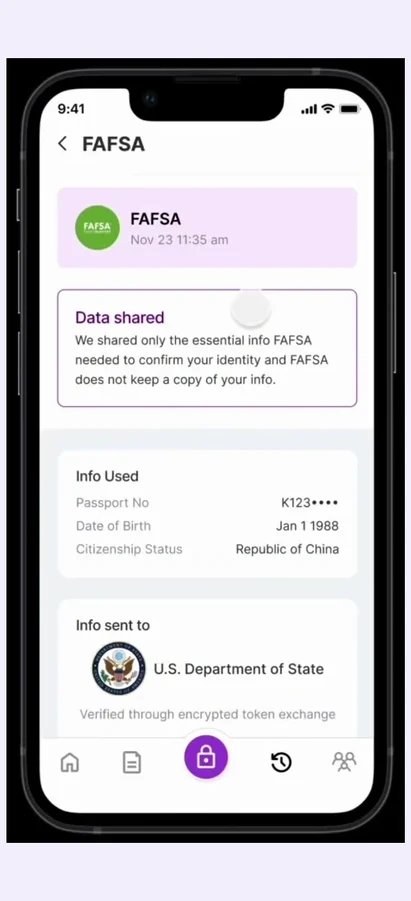 Nox+ FAFSA share confirmation: the fields sent, the recipient, and a note that FAFSA keeps no copy