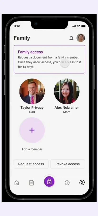 Nox+ family access: Taylor and Alex Nobrainer listed with request and revoke controls